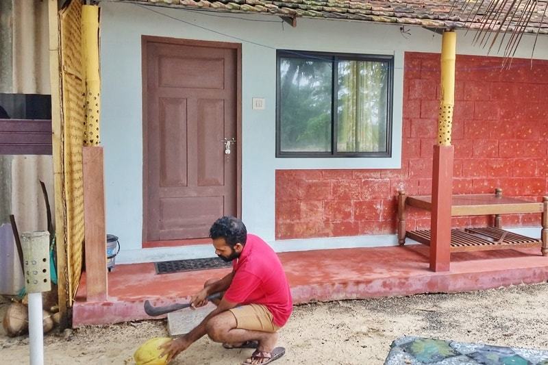 Alcohol in Alleppey: How to break open coconut at best guesthouse near Alleppey Beach, Funky Art Beach House. Backpacking Kerala, India.