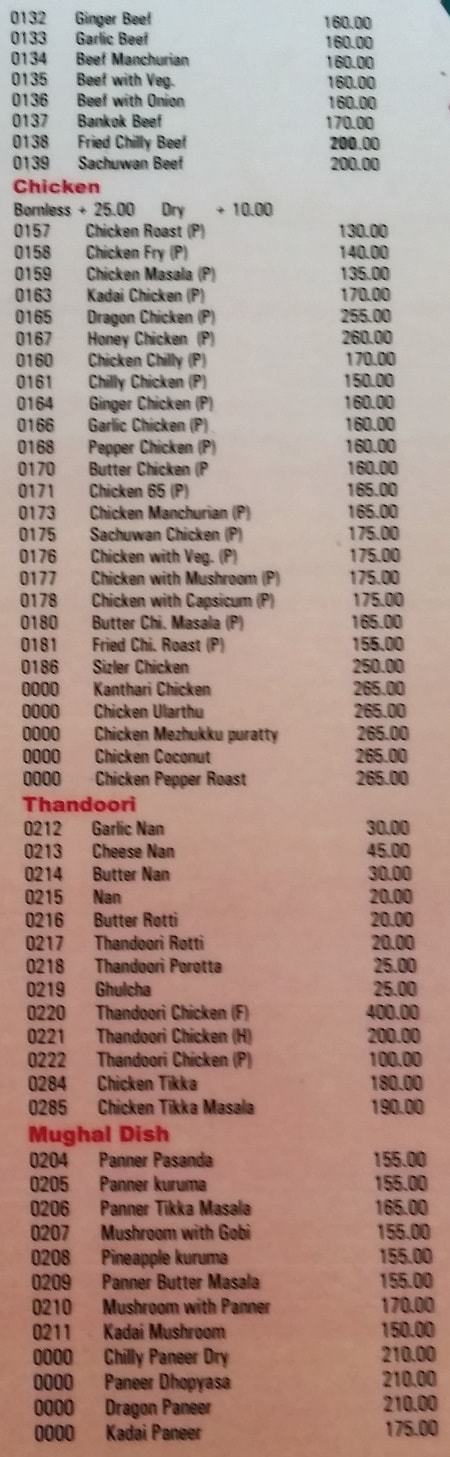 Menu of Kream Korner Art Cafe in Alleppey: non-veg, beef, chicken, tandoori, veg, Indian. Best restaurants in Alleppey town. Kerala, India
