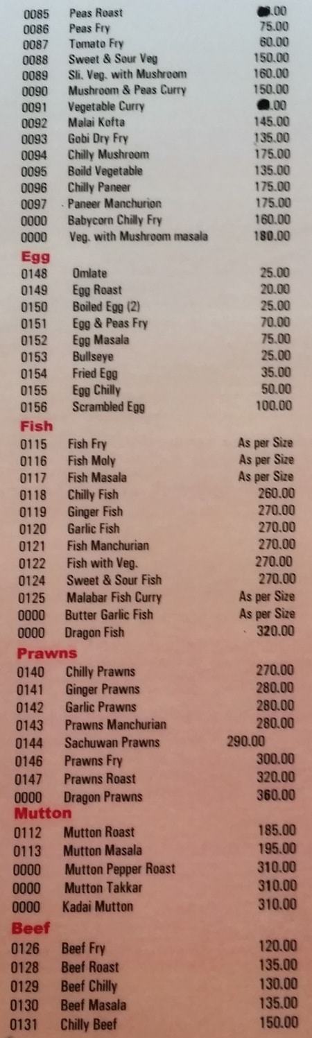 Menu of Kream Korner Art Cafe in Alleppey: seafood, fish, prawns, mutton, beef, Kerala cuisine. Best restaurants in Alleppey town. Kerala, India