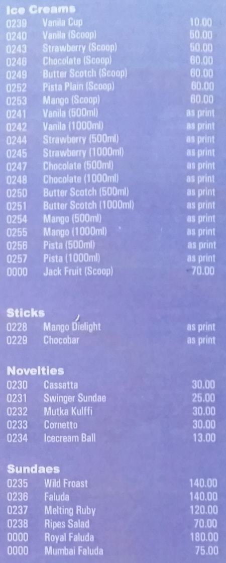 Menu of Kream Korner Art Cafe in Alleppey: ice cream, dessert. Best restaurants in Alleppey town. Kerala, India