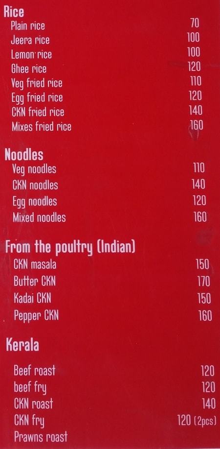 Menu of Mushroom restaurant in Alleppey town: rice, noodles, chicken, beef, prawns, non-veg. Best restaurants. Kerala, India