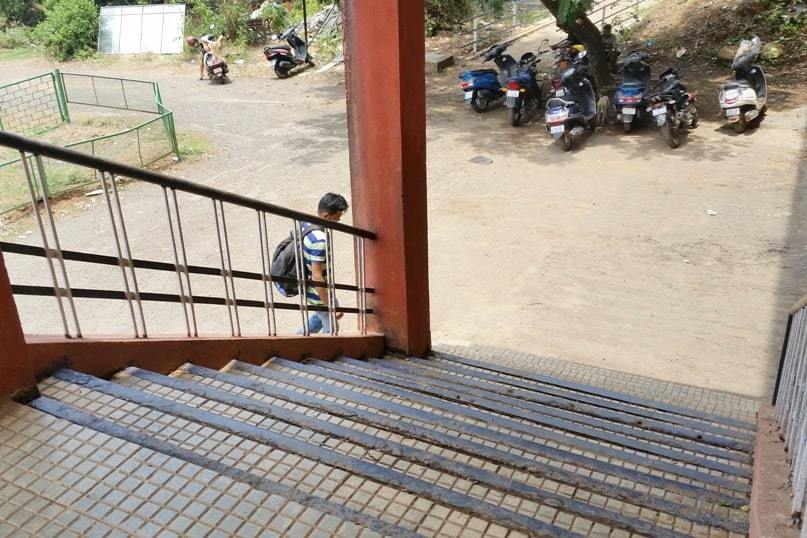 Canacona train station to Palolem Beach. Stairs to exit Canacona railway staation. Backpacking Goa India